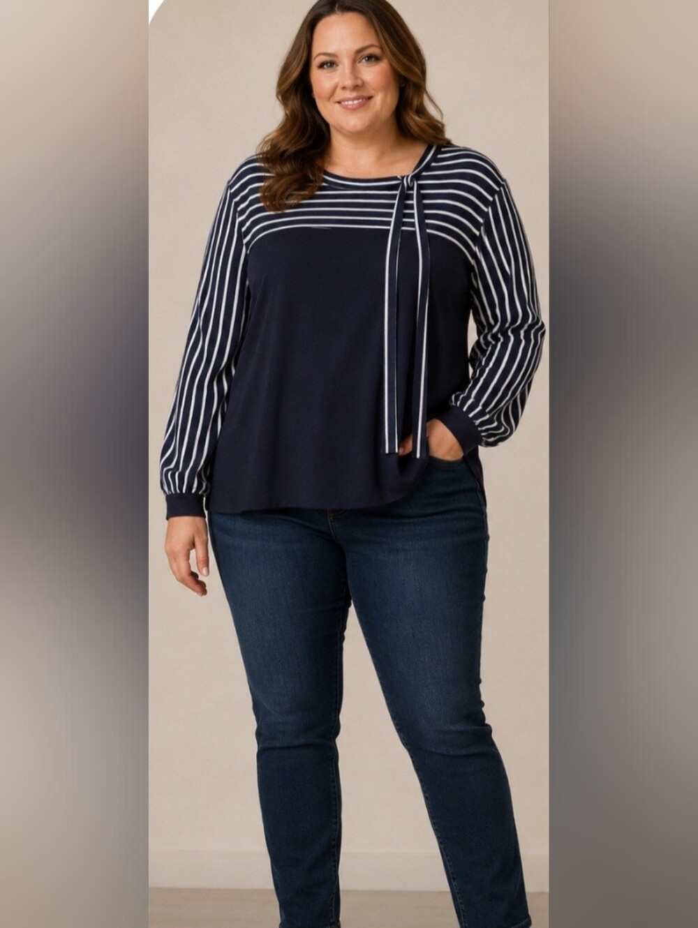 In'Voland Navy and White Striped Long Sleeve Blouse Size 20W